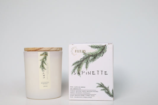 bougie parfumée soja Sapinette Fleury 
sapin ambiance hivernale